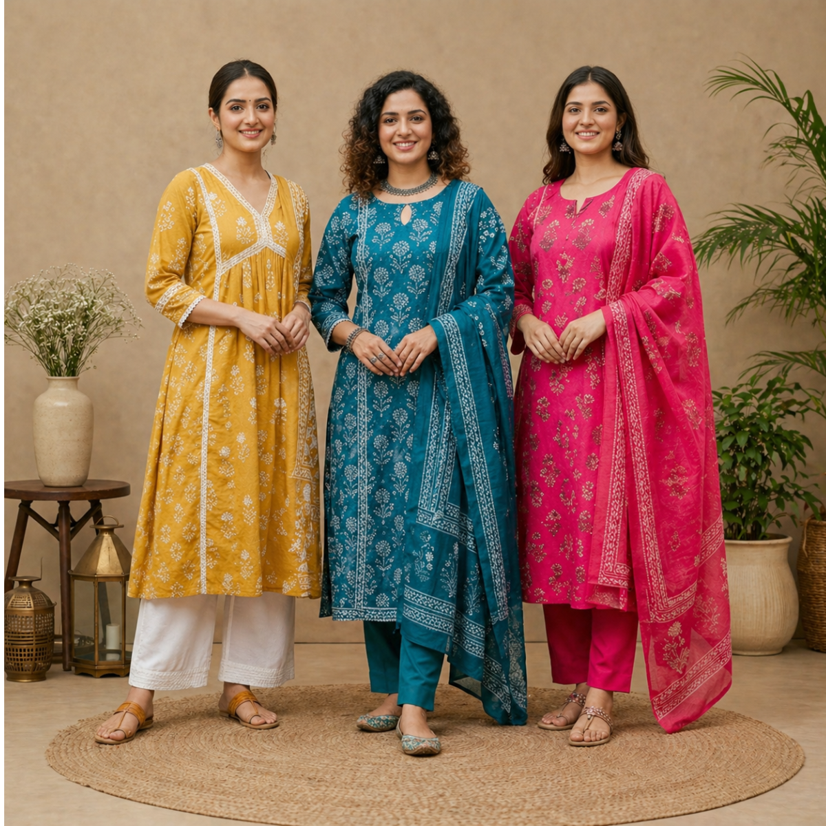Pack Of 3 Cotton Elegant Ethnic Kurta Set with Dupatta for Women (CK-03)
