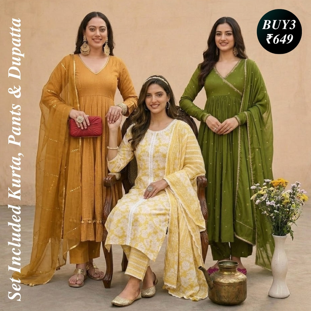 Pack of 3 Kurta Pant Set with Dupatta (DMK-1)