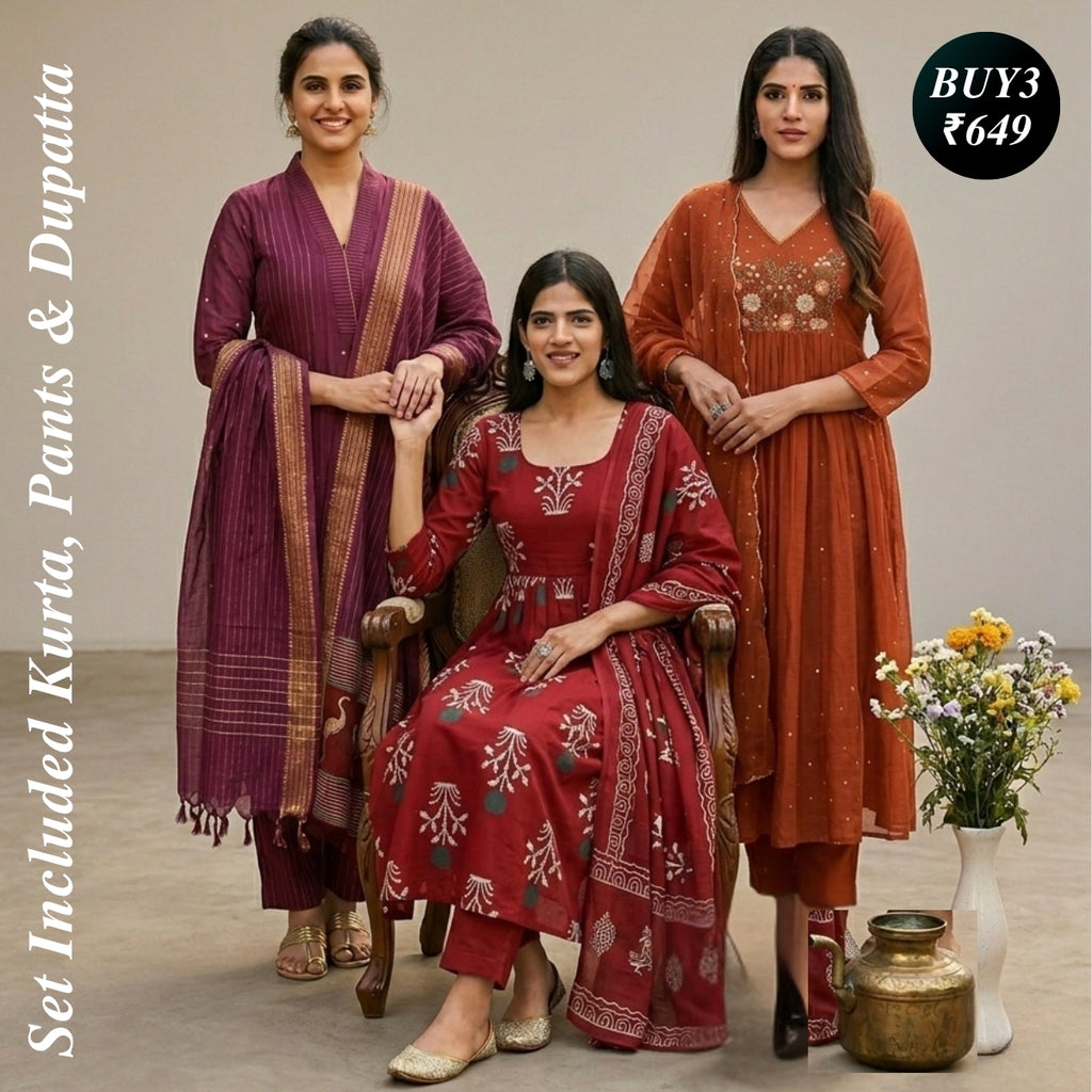 Pack of 3 Kurta Pant Set with Dupatta (DMK-2)