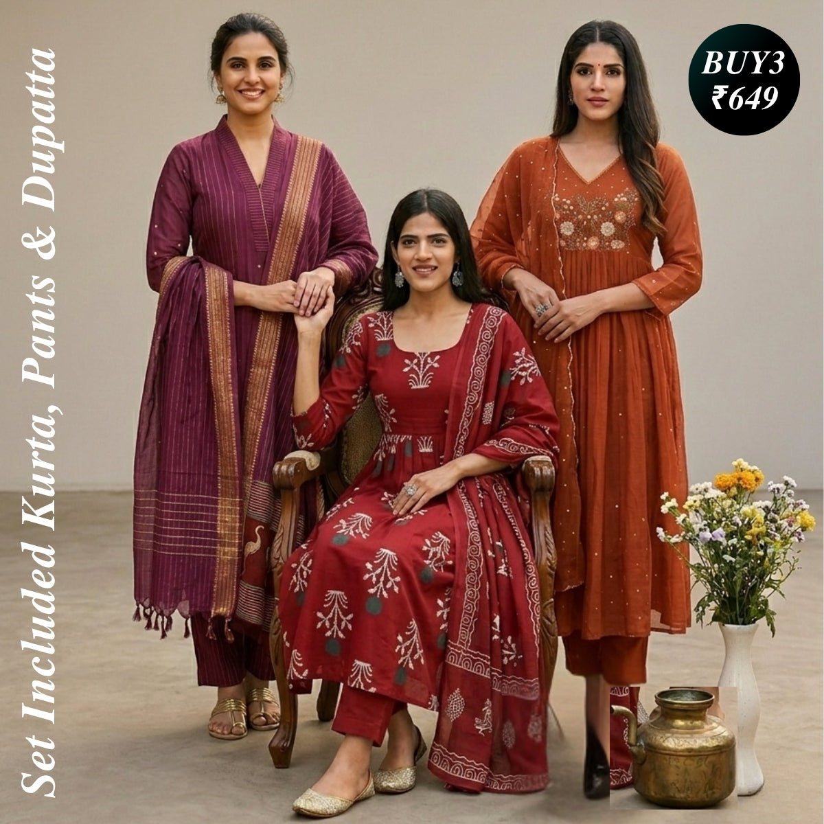 Pack of 3 Kurta Pant Set with Dupatta (DMK-2)
