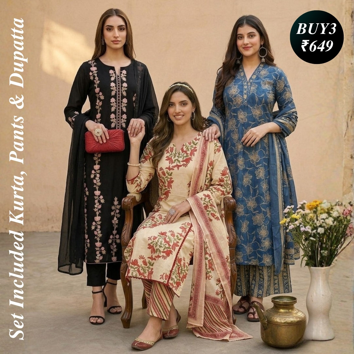 Pack of 3 Kurta Pant Set with Dupatta (DMK-9)