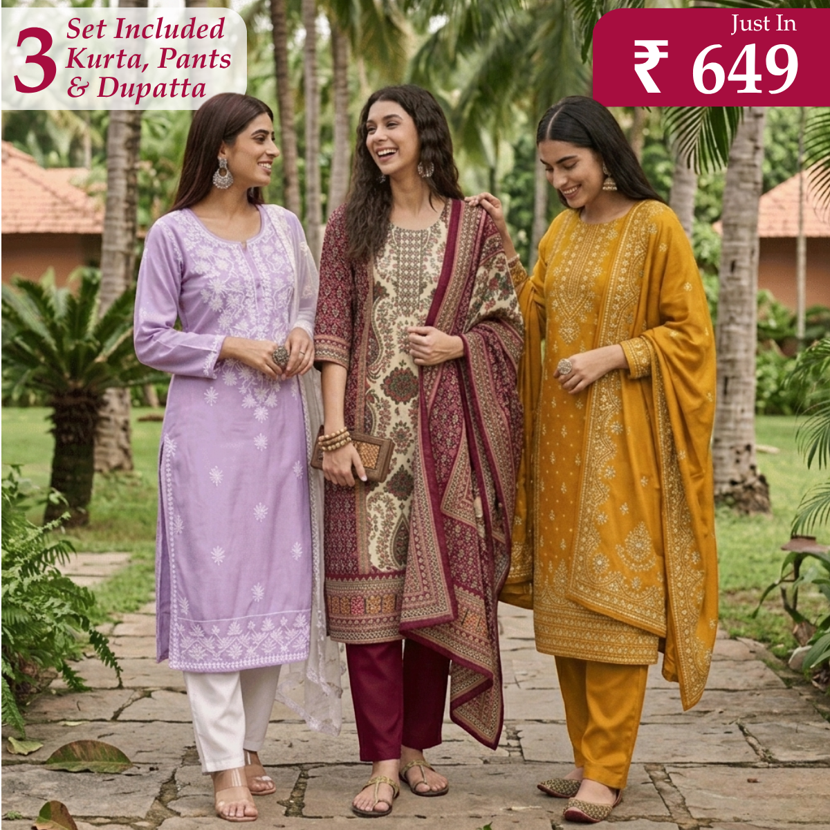 Pack of 3 Elegant Kurta Pants & Dupatta Set (E-04)