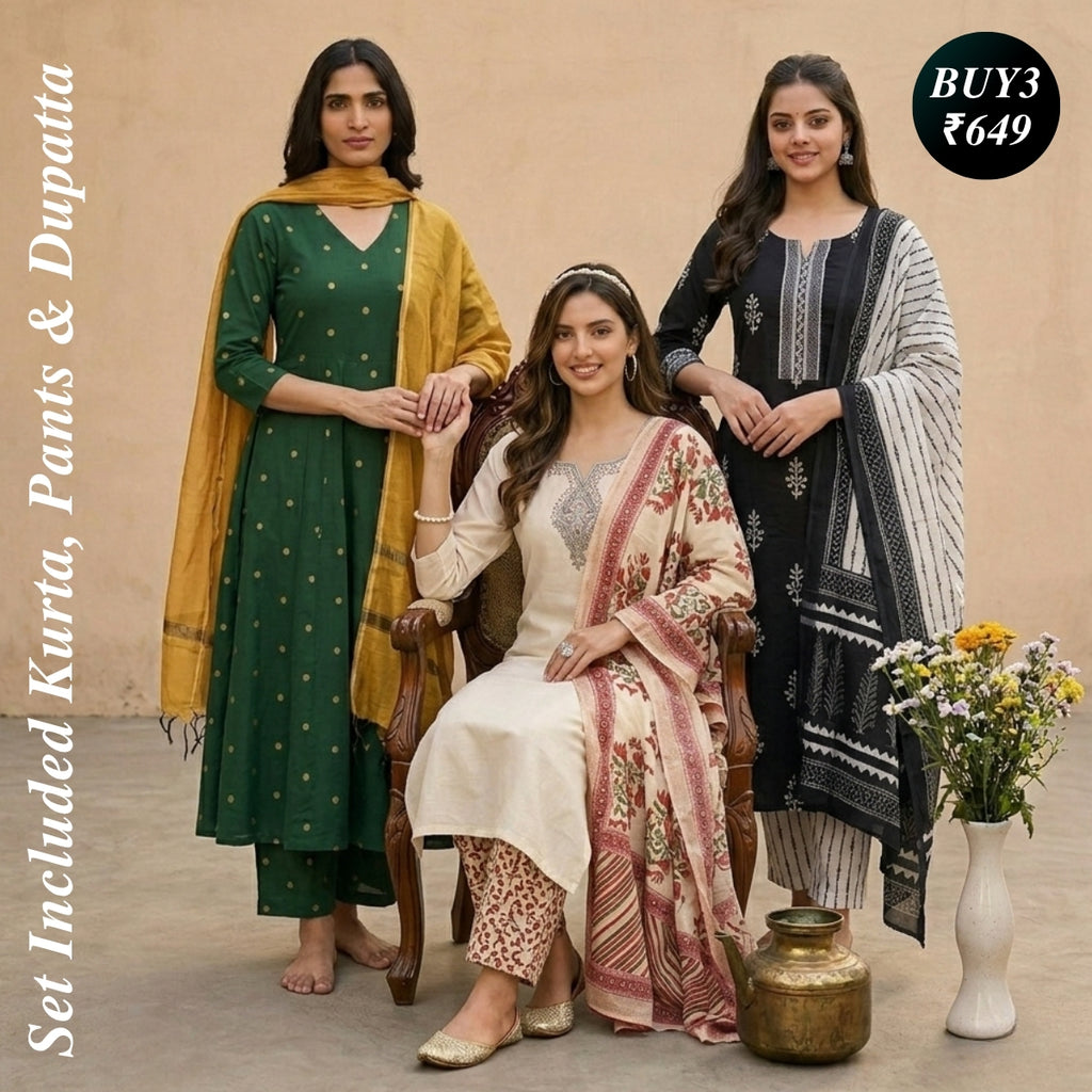 Pack of 3 Kurta Pant Set with Dupatta (DMK-10)