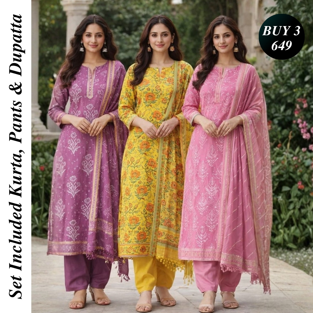 3 Combo Set Included Kurta, Pants & Dupatta with elegant prints | KS-05