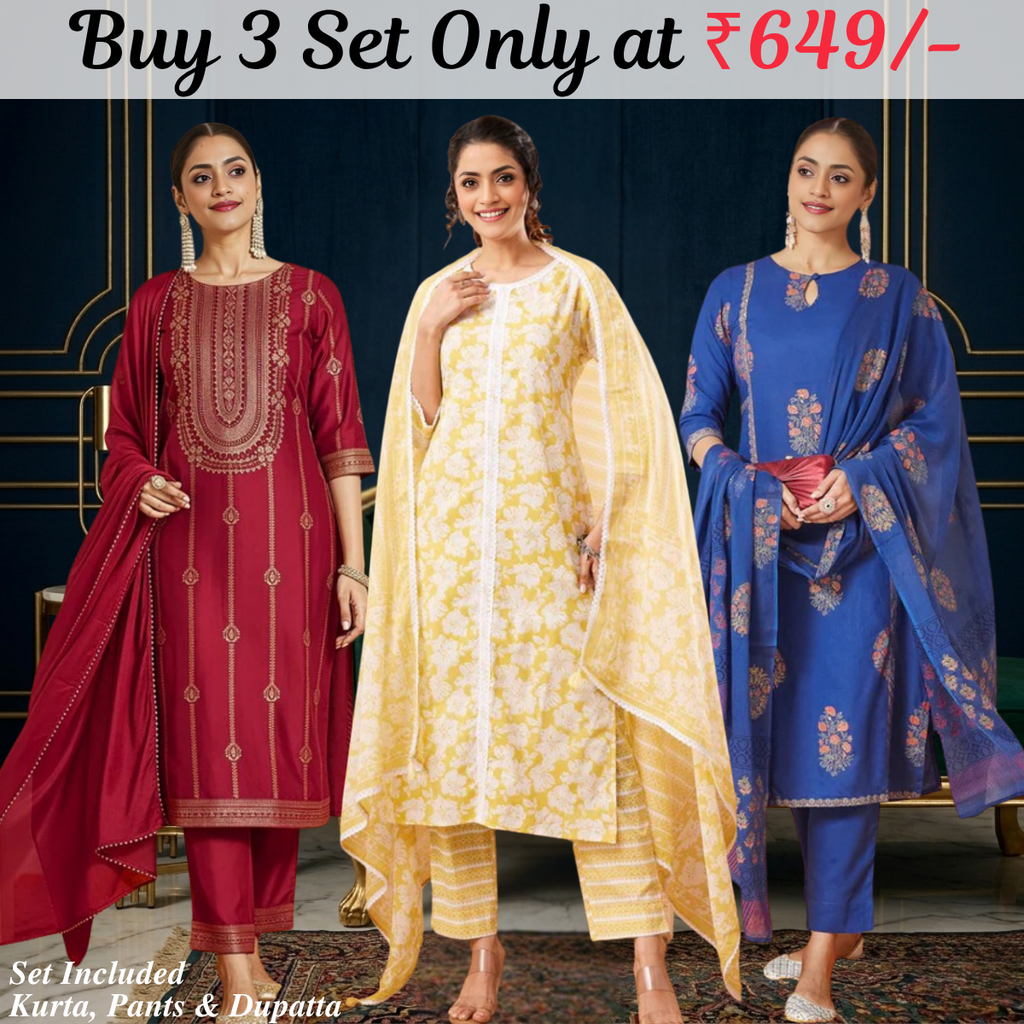 Pack of 3 Kurta Pant Set with Dupatta (DMK-6)