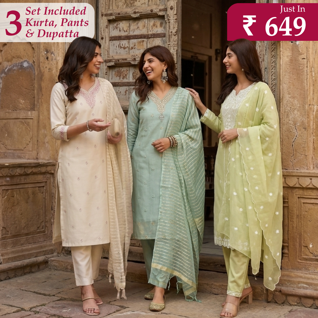 Pack of 3 Elegant Kurta Pants & Dupatta Set (E-05)