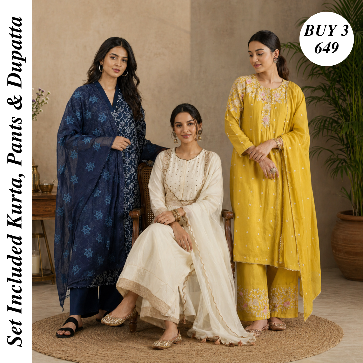 Pack Of 3 Cotton Elegant Ethnic Kurta Set with Dupatta for Women (CK-04)