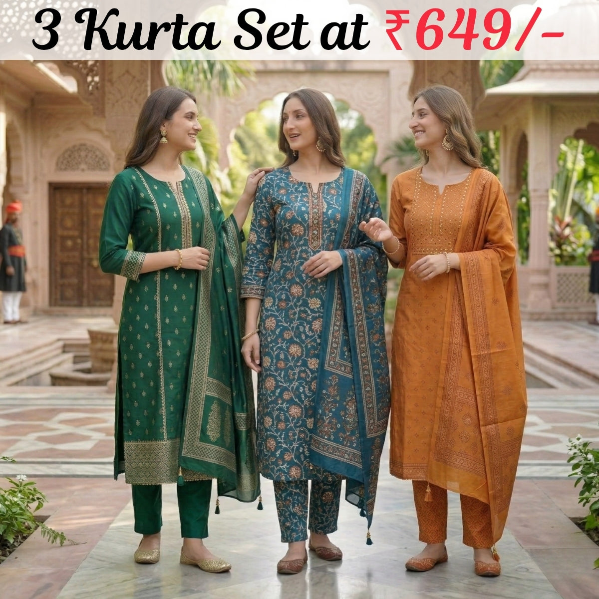 Pack of 3 Women’s Designer Kurta Sets – Ethnic Kurta Pant Dupatta Set for Women (P3K-4)