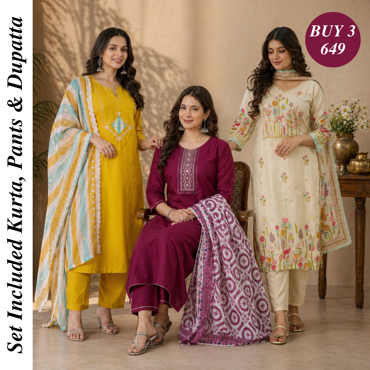 Pack Of 3 Cotton Elegant Ethnic Kurta Set with Dupatta for Women (CK-05)