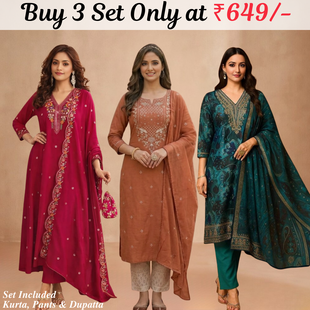 Pack of 3 Kurta Pant Set with Dupatta (DMK-7)