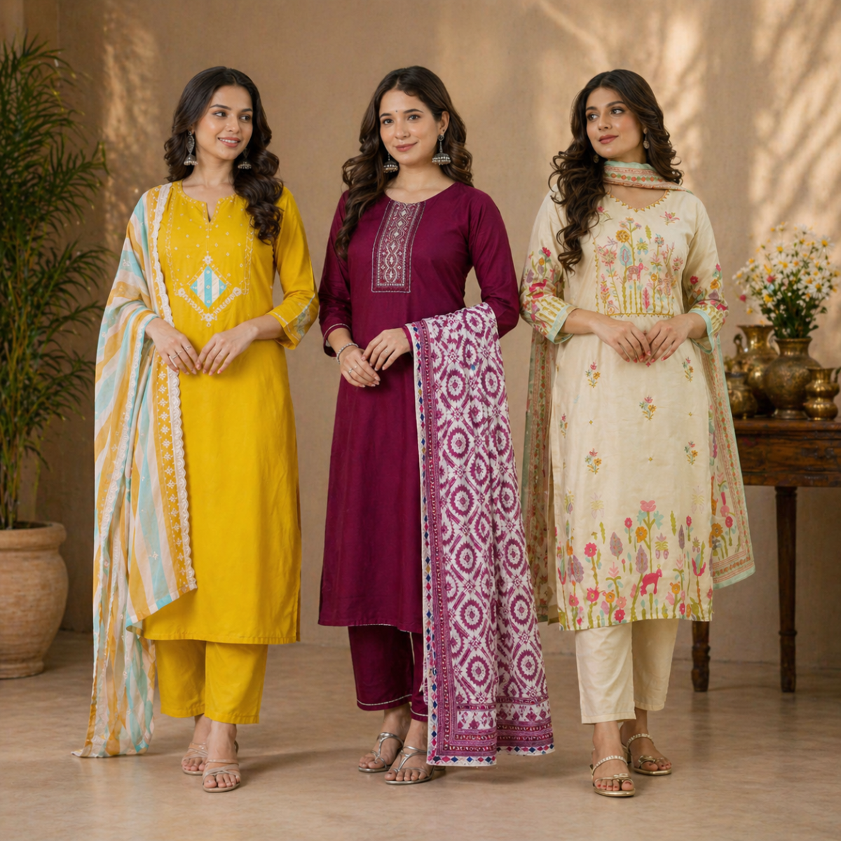 Pack Of 3 Cotton Elegant Ethnic Kurta Set with Dupatta for Women (CK-05)