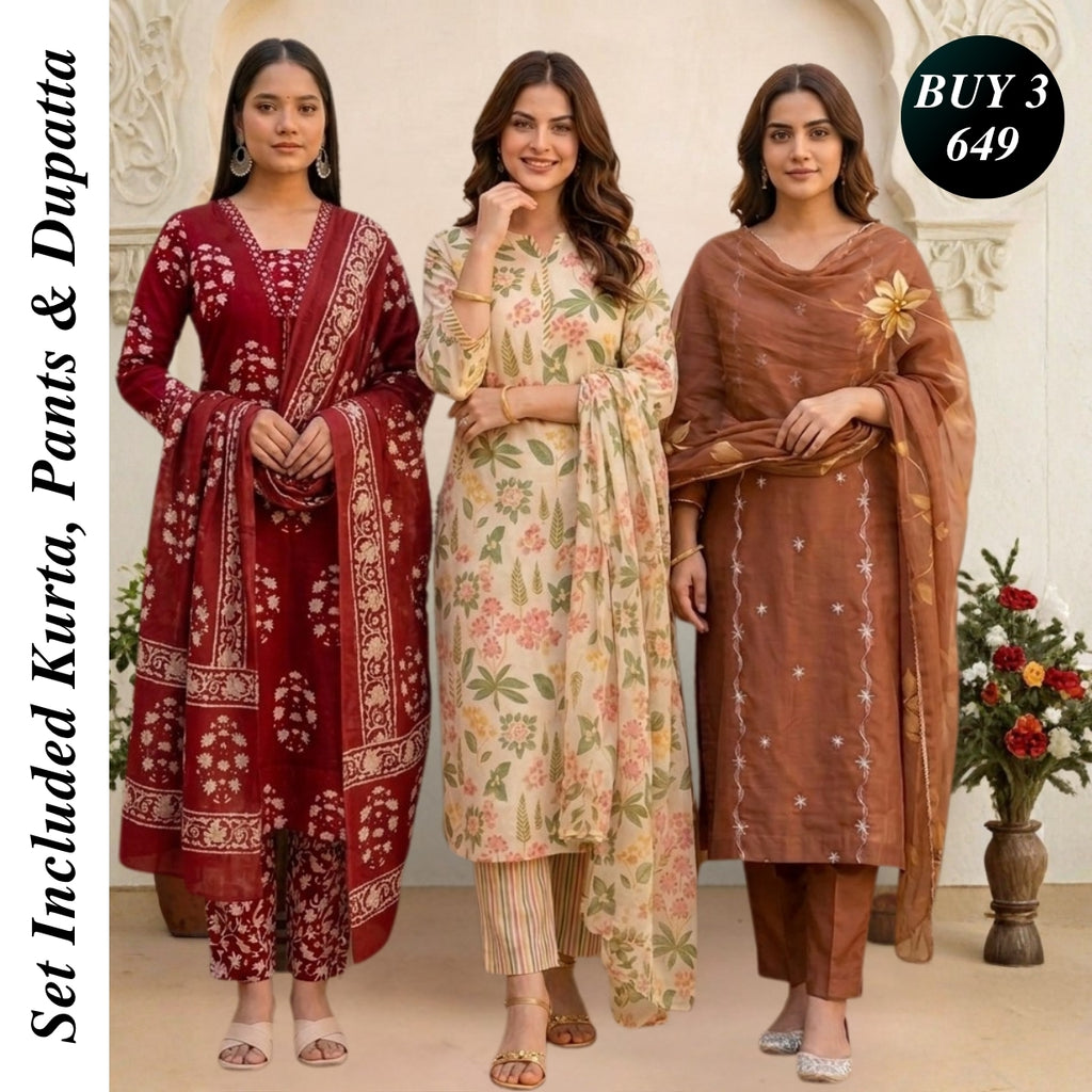 3 Combo Set Included Kurta, Pants & Dupatta with elegant prints | KS-02