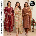 3 Combo Set Included Kurta, Pants & Dupatta with elegant prints | KS-02