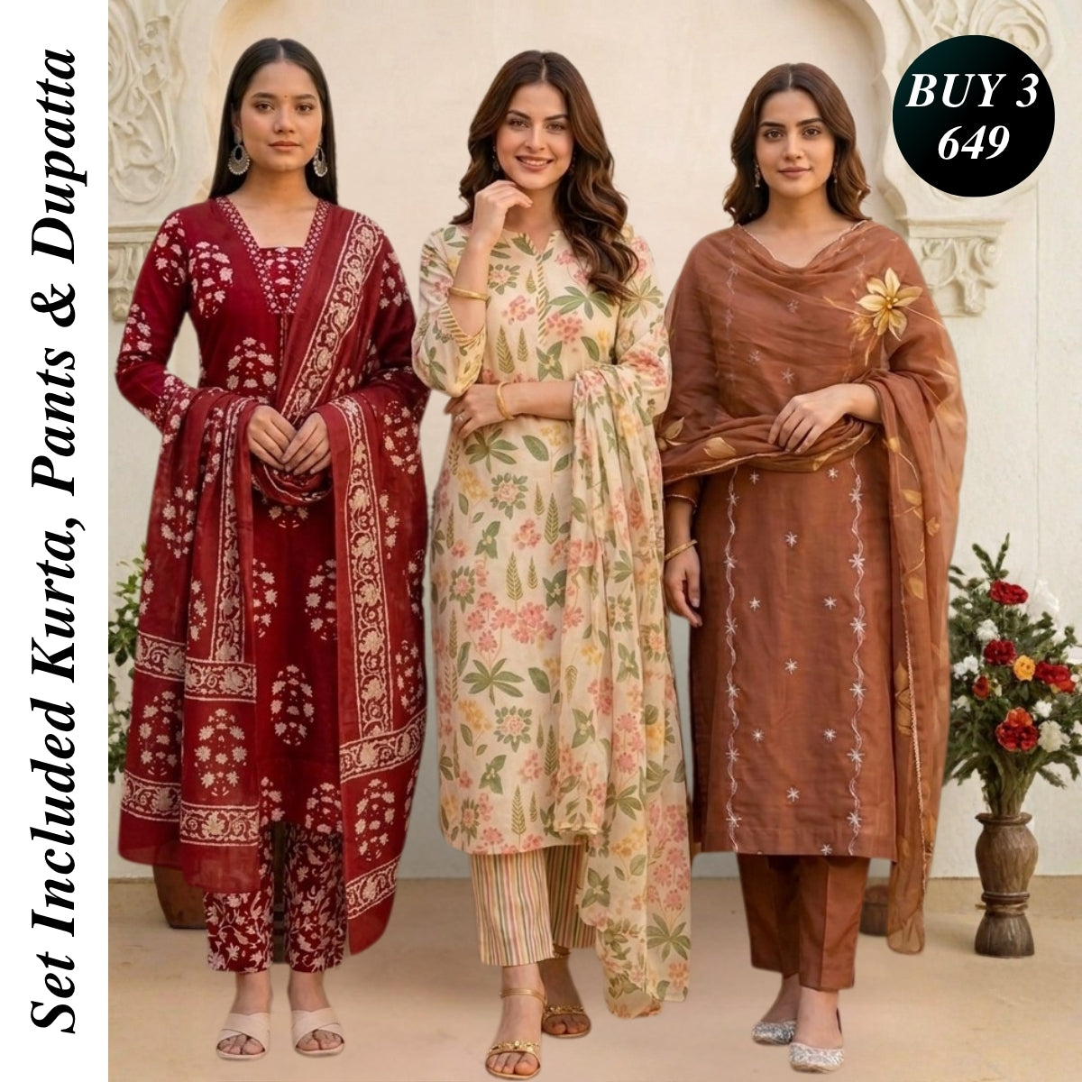 3 Combo Set Included Kurta, Pants & Dupatta with elegant prints | KS-02