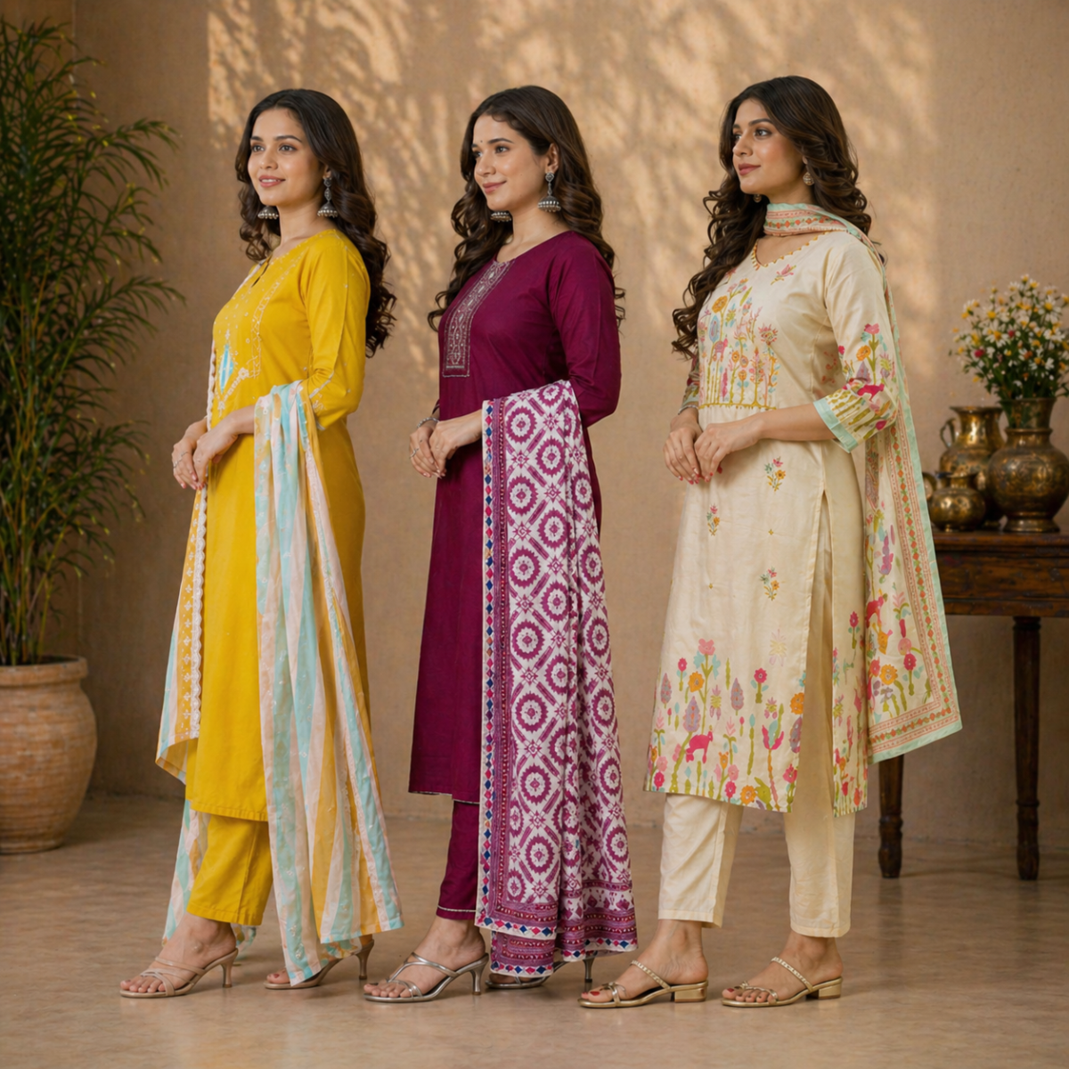 Pack Of 3 Cotton Elegant Ethnic Kurta Set with Dupatta for Women (CK-05)