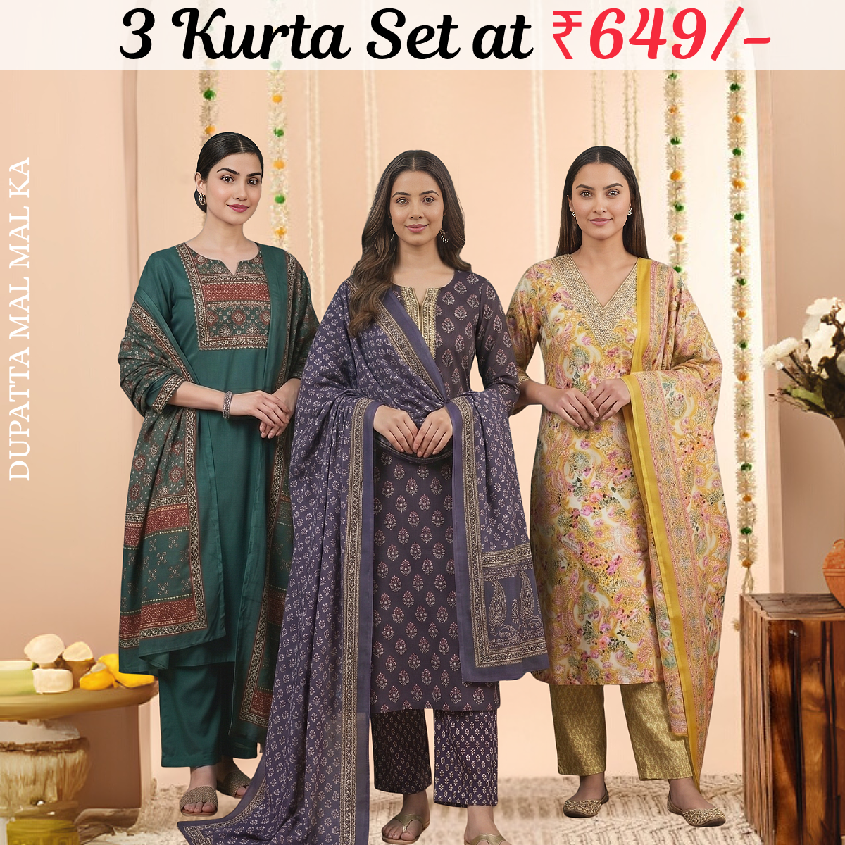 Pack Of 3 Kurta Sets Beautiful with dupatta Trendy Ethnic Wear  in One Deal (A-11)