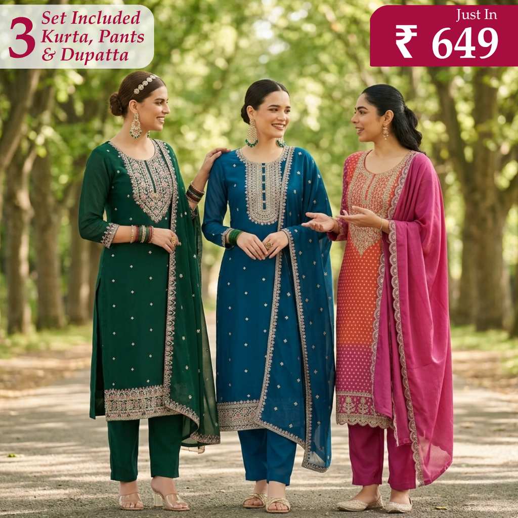 Pack of 3 Elegant Kurta Pants & Dupatta Set (E-01)