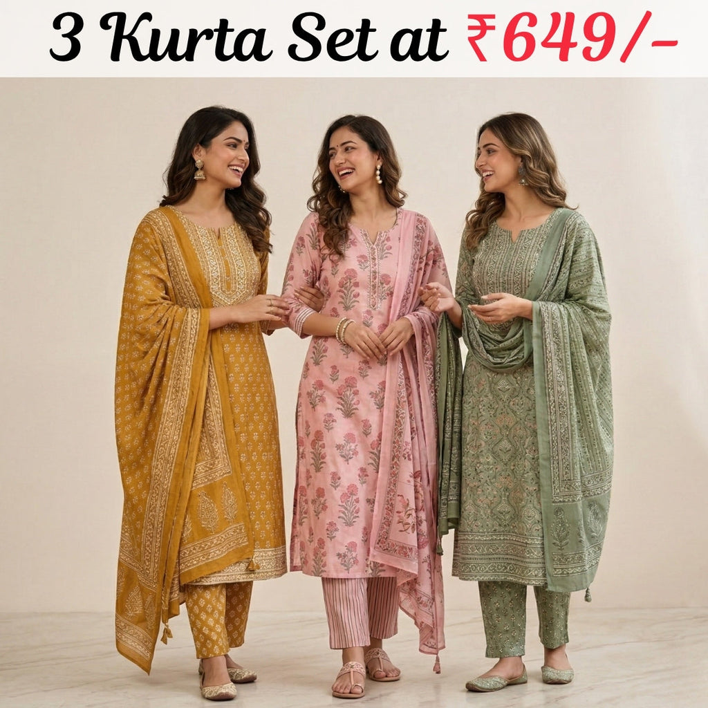 Pack of 3 Women’s Designer Kurta Sets – Ethnic Kurta Pant Dupatta Set for Women (P3K-1)
