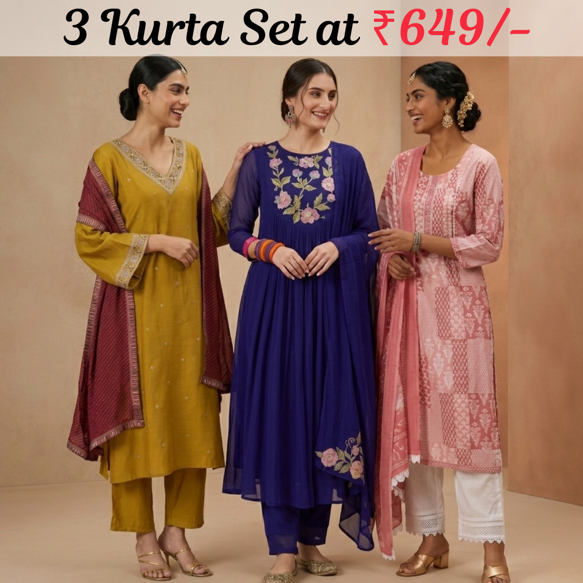 Pack Of 3 Kurta Set with Dupatta (KS-1)