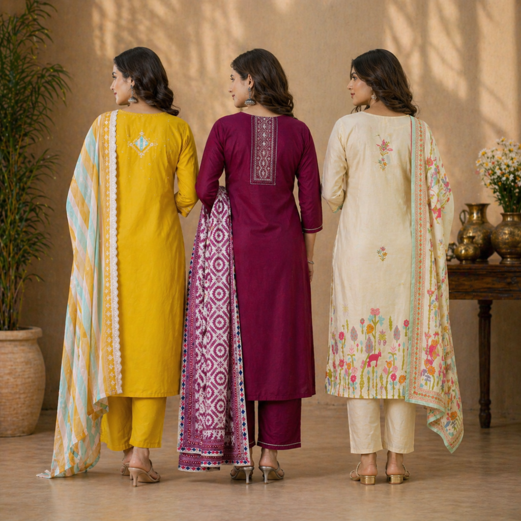 Pack Of 3 Cotton Elegant Ethnic Kurta Set with Dupatta for Women (CK-05)