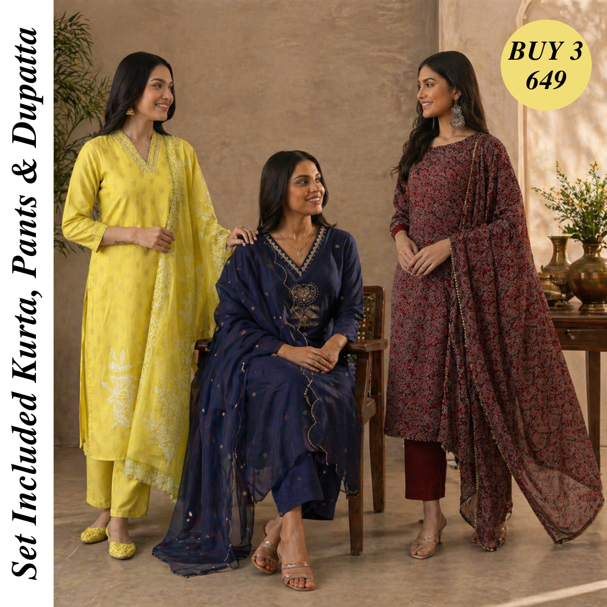 Pack Of 3 Cotton Elegant Ethnic Kurta Set with Dupatta for Women (CK-06)