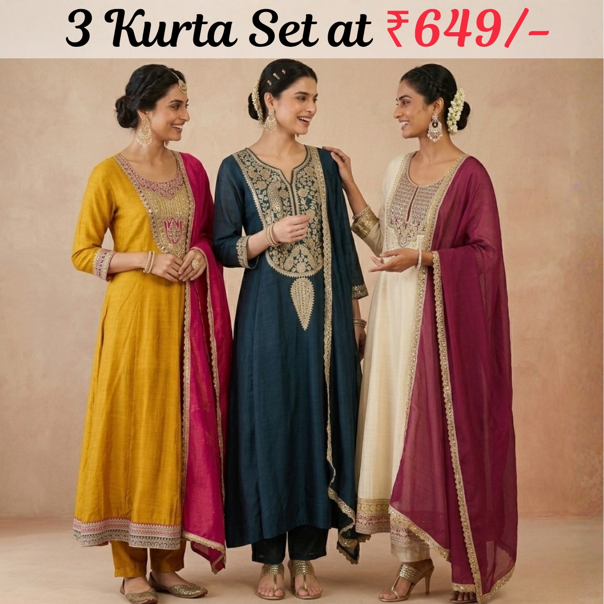 Pack Of 3 Kurta Set with Dupatta (KS-3)
