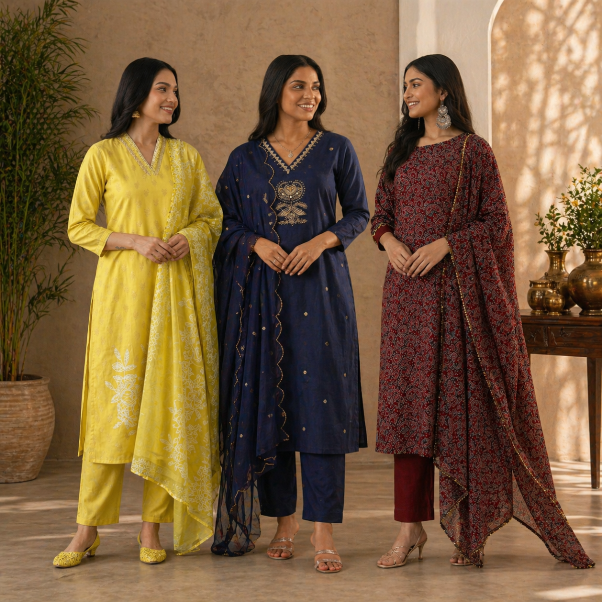 Pack Of 3 Cotton Elegant Ethnic Kurta Set with Dupatta for Women (CK-06)