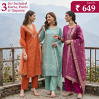 Pack of 3 Elegant Kurta Pants & Dupatta Set (E-08)