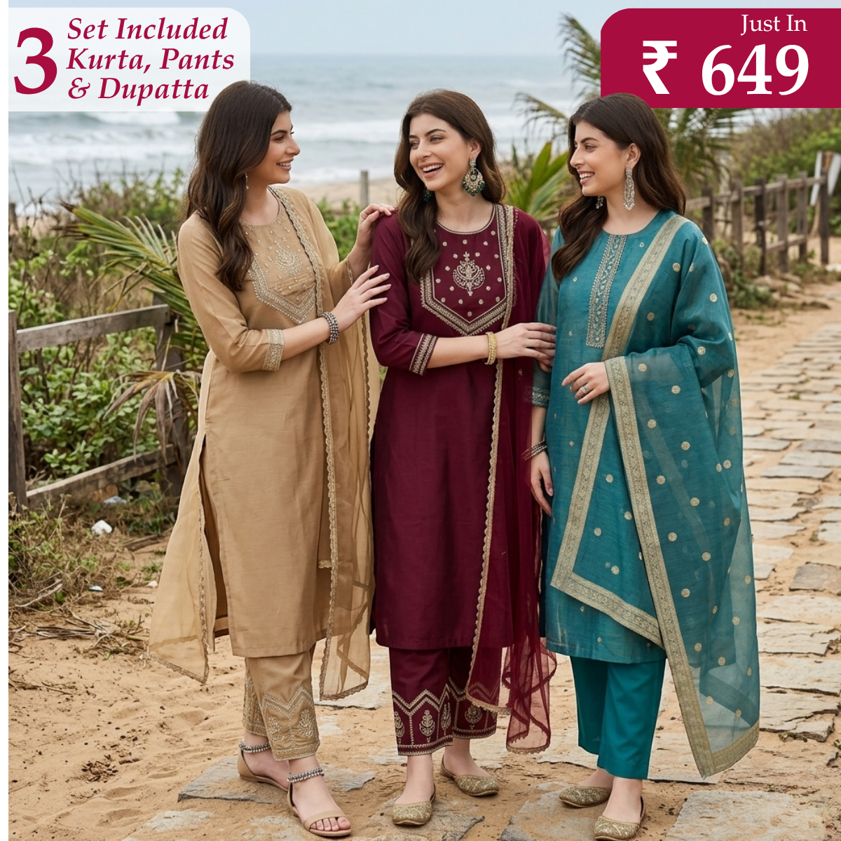 Pack of 3 Elegant Kurta Pants & Dupatta Set (E-09)