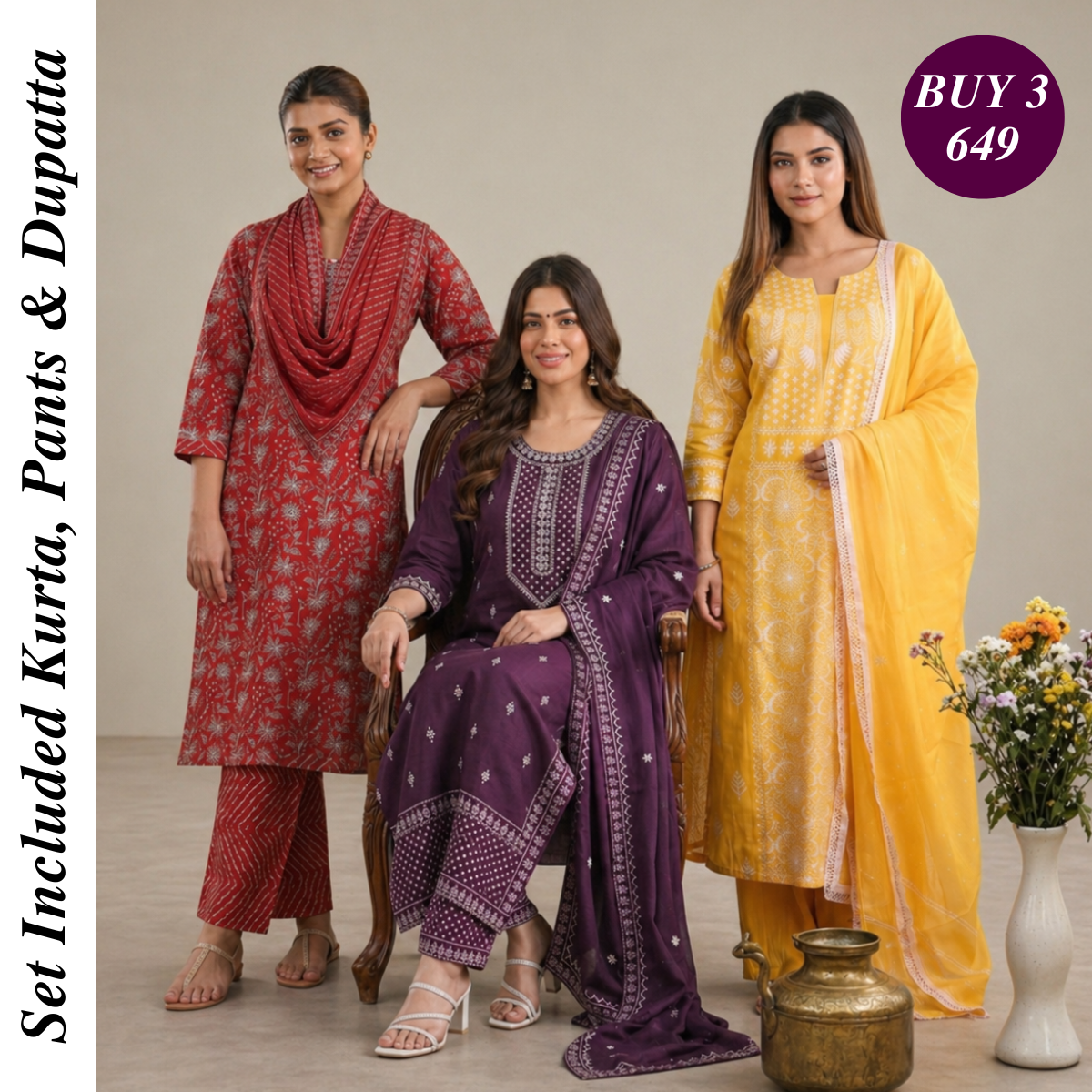 Pack Of 3 Cotton Elegant Ethnic Kurta Set with Dupatta for Women (CK-07)