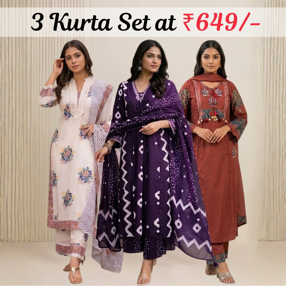Pack Of 3 Kurta Summer Collection Set (CKS_04)