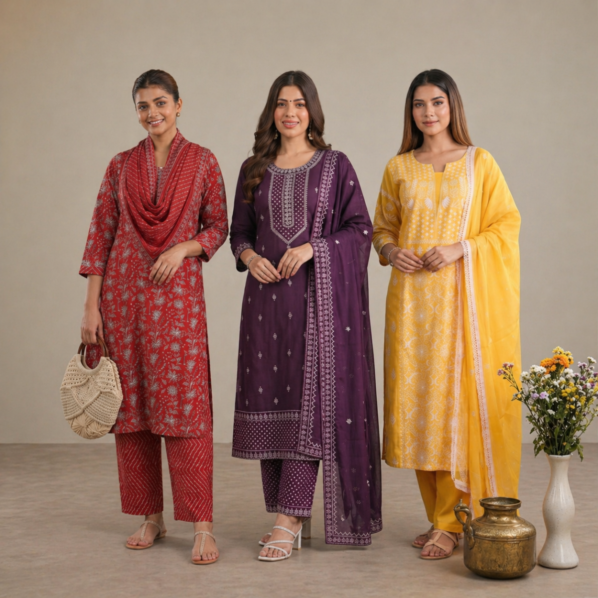 Pack Of 3 Cotton Elegant Ethnic Kurta Set with Dupatta for Women (CK-07)