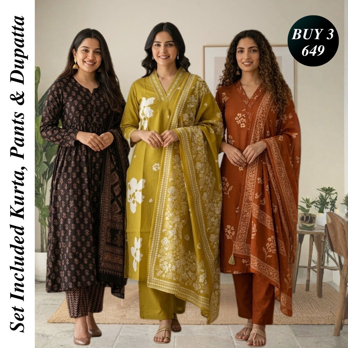 3 Combo Set Included Kurta, Pants & Dupatta with elegant prints | KS-03