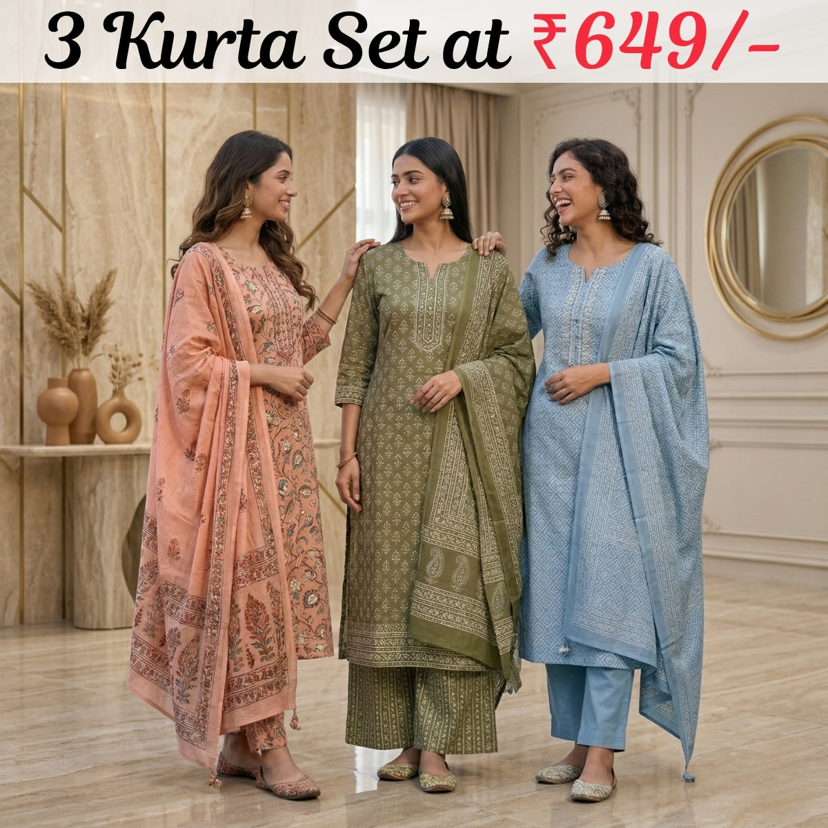Pack of 3 Women’s Designer Kurta Sets – Ethnic Kurta Pant Dupatta Set for Women (P3K-7)
