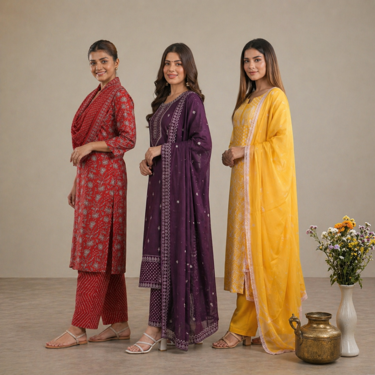Pack Of 3 Cotton Elegant Ethnic Kurta Set with Dupatta for Women (CK-07)