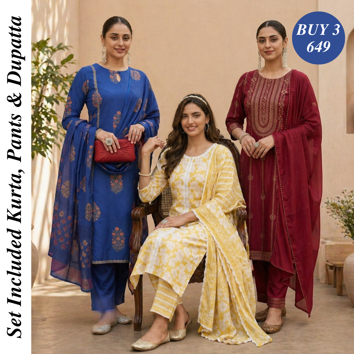 Pack Of 3 Cotton Elegant Ethnic Kurta Set with Dupatta for Women (CK-08)