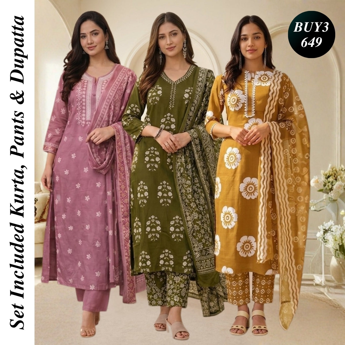 3 Combo Set Included Kurta, Pants & Dupatta with elegant prints | KS-01