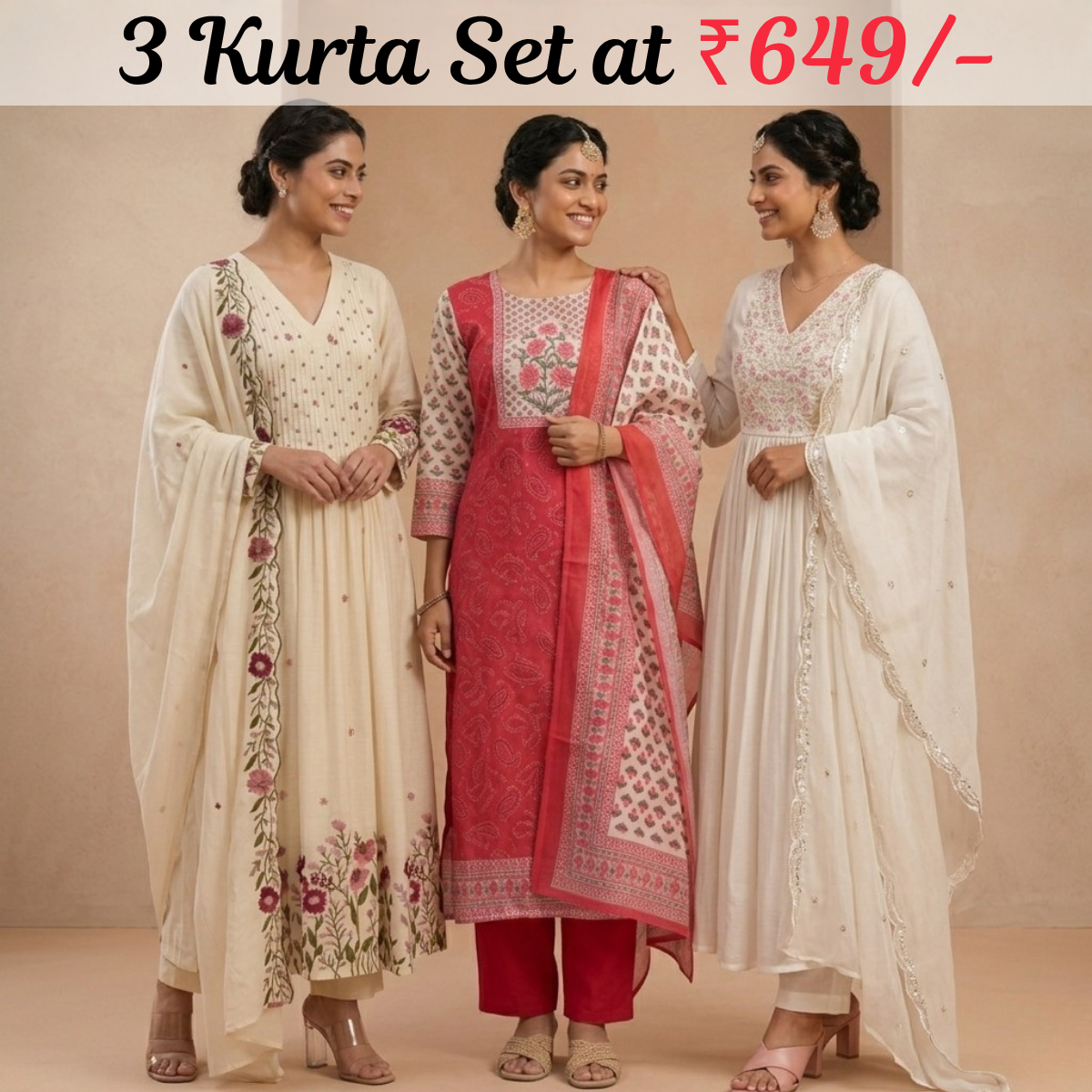 Pack Of 3 Kurta Set with Dupatta (KS-4)