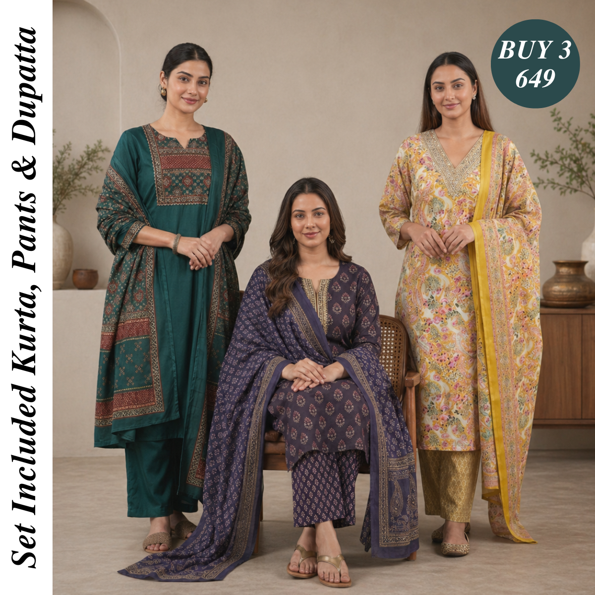 Pack Of 3 Cotton Elegant Ethnic Kurta Set with Dupatta for Women (CK-09)