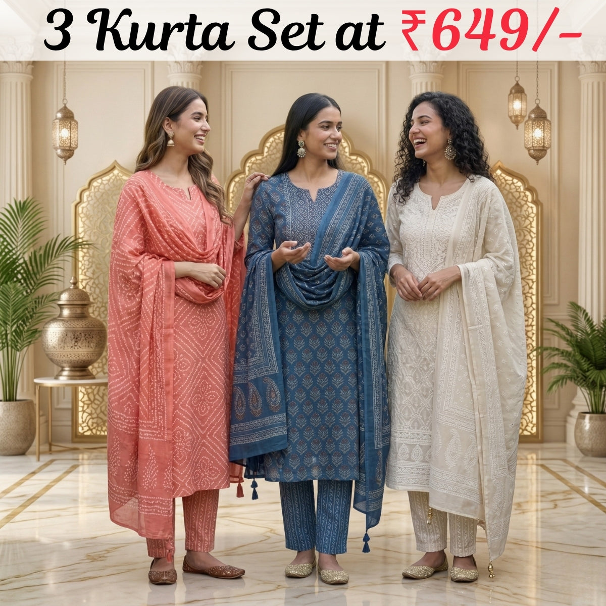 Pack of 3 Women’s Designer Kurta Sets – Ethnic Kurta Pant Dupatta Set for Women (P3K-9)