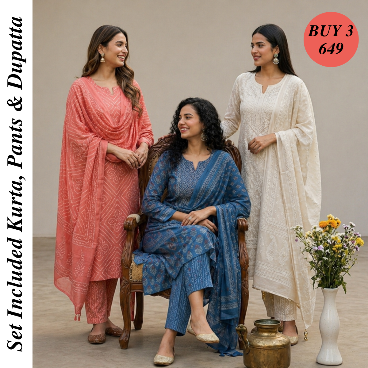 Pack Of 3 Cotton Elegant Ethnic Kurta Set with Dupatta for Women (CK-10)