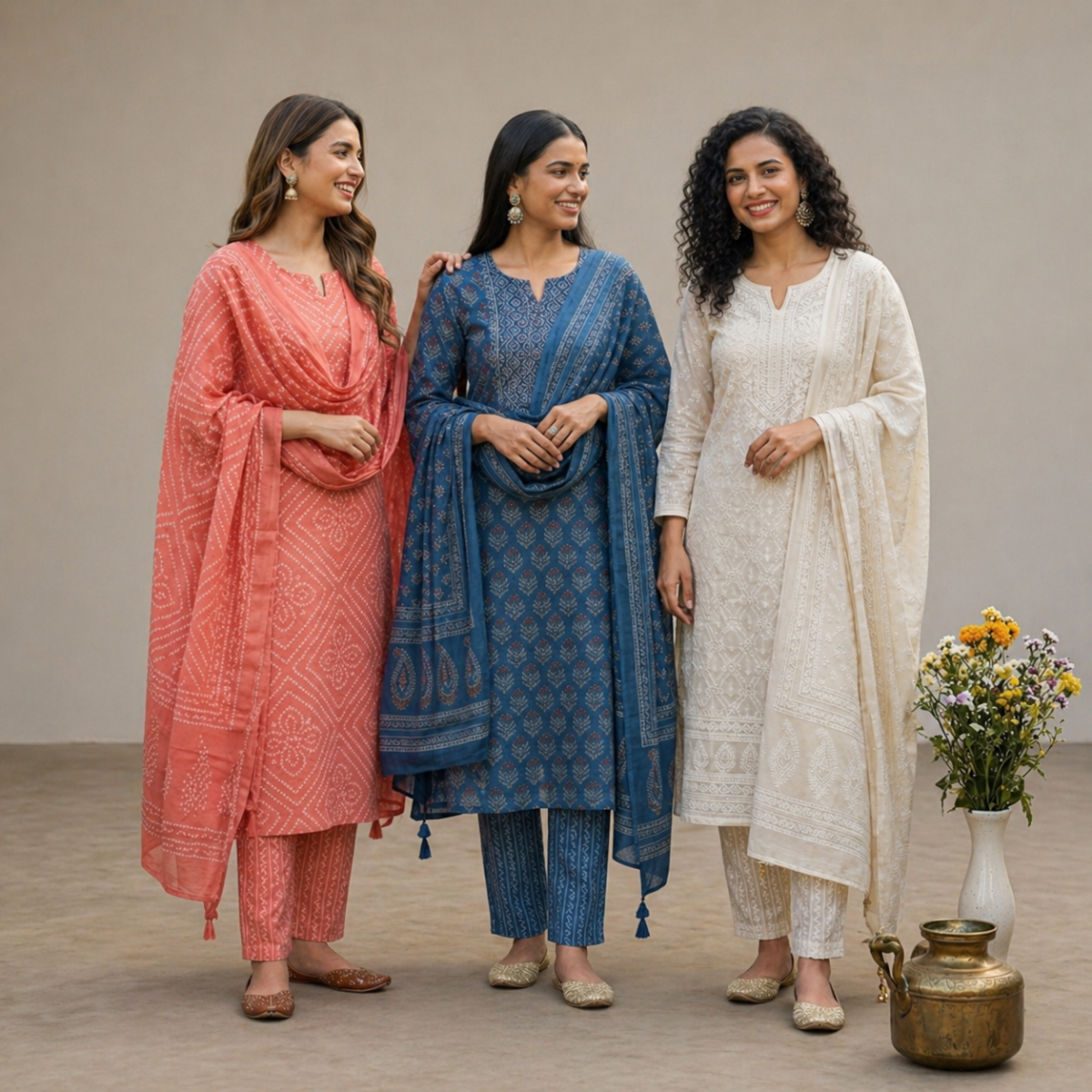 Pack Of 3 Cotton Elegant Ethnic Kurta Set with Dupatta for Women (CK-10)