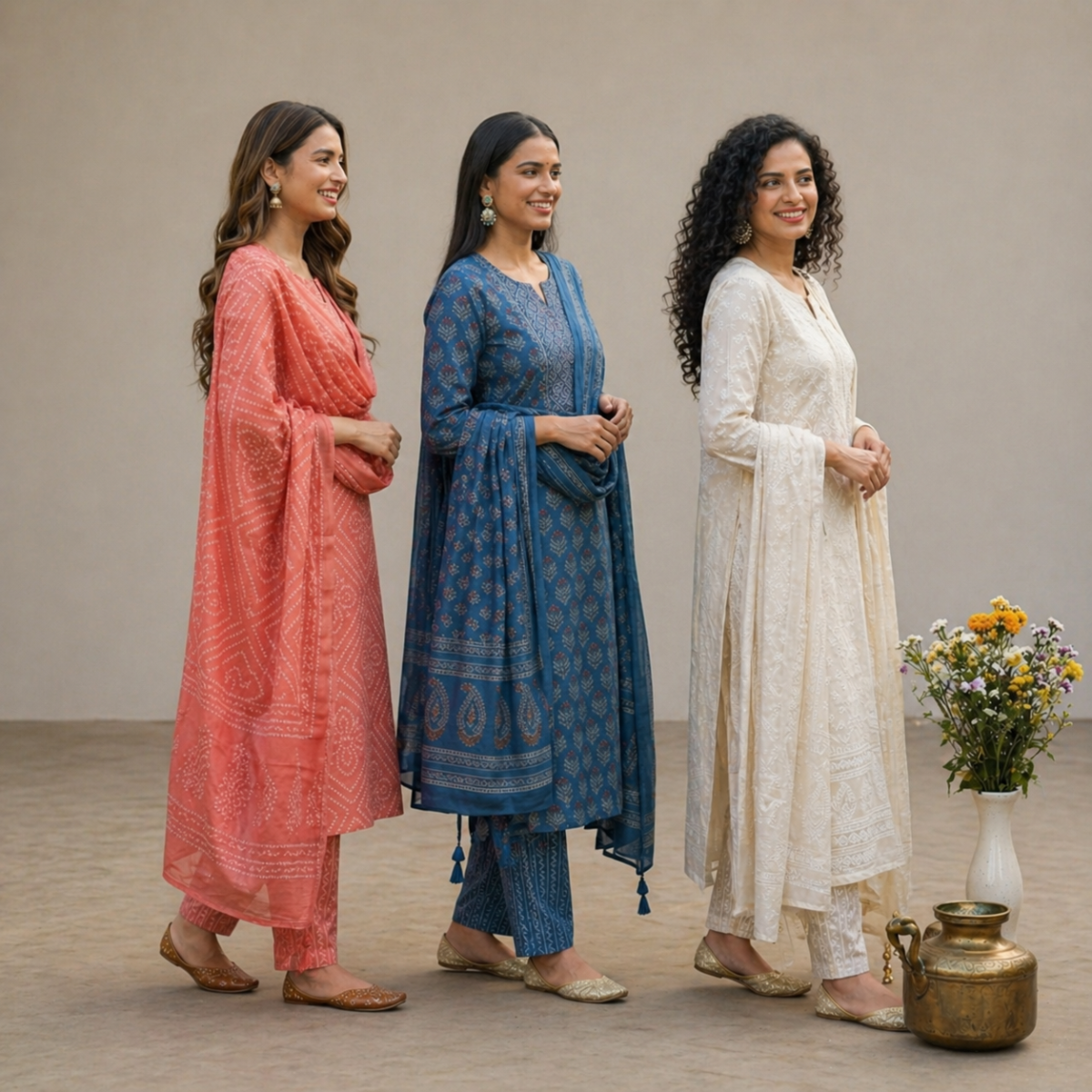 Pack Of 3 Cotton Elegant Ethnic Kurta Set with Dupatta for Women (CK-10)