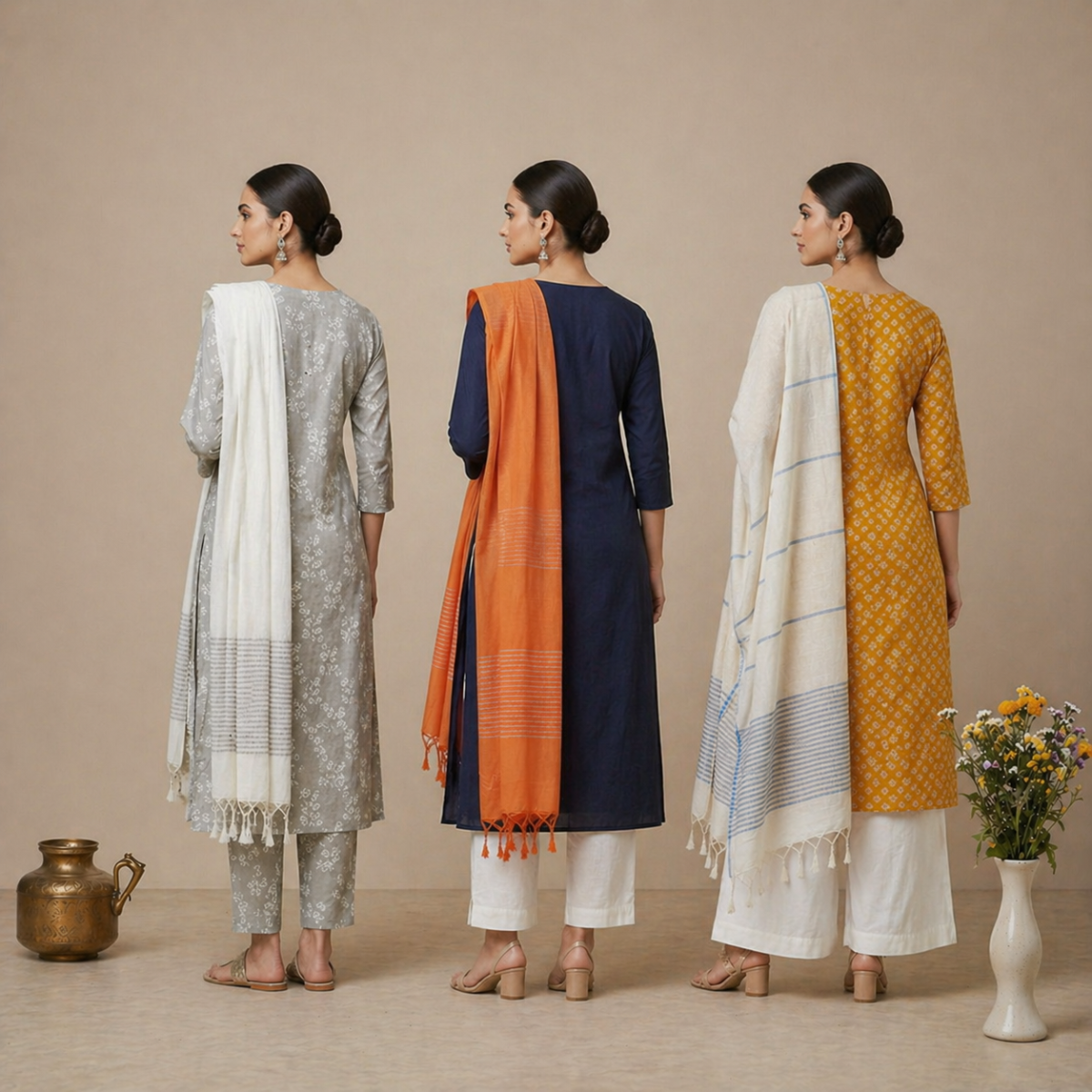 Pack Of 3 Cotton Elegant Ethnic Kurta Set with Dupatta for Women (CK-01)