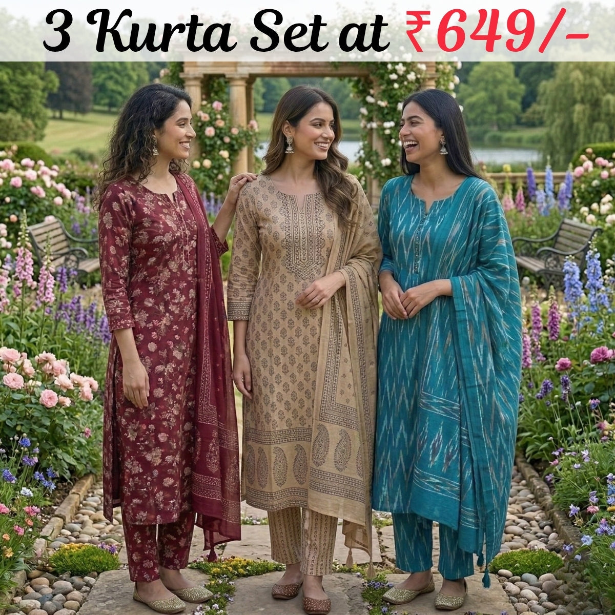 Pack of 3 Women’s Designer Kurta Sets – Ethnic Kurta Pant Dupatta Set for Women (P3K-10)