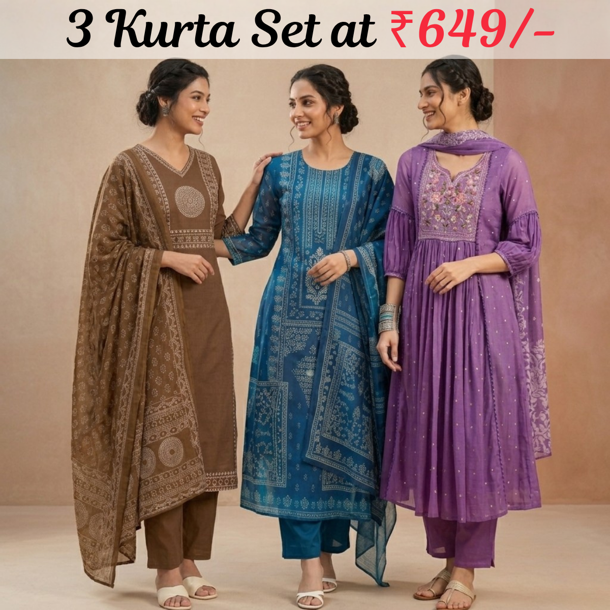 Pack Of 3 Kurta Set with Dupatta (KS-5)