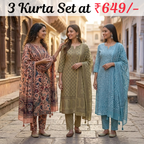 Pack of 3 Women’s Designer Kurta Sets – Ethnic Kurta Pant Dupatta Set for Women (P3K-11)