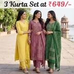 Pack of 3 Women’s Designer Kurta Sets – Ethnic Kurta Pant Dupatta Set for Women (P3K-12)