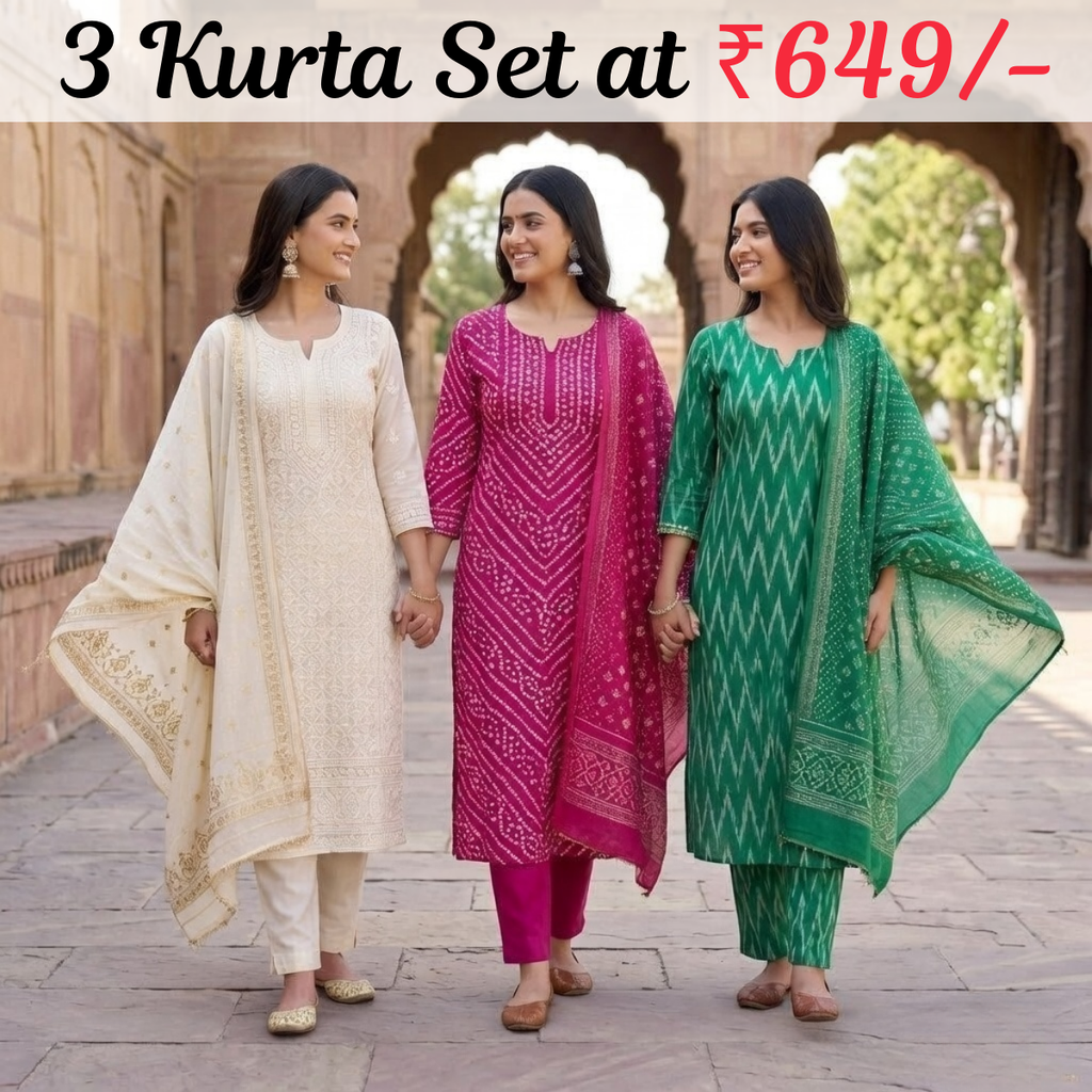 Pack of 3 Women’s Designer Kurta Sets – Ethnic Kurta Pant Dupatta Set for Women (P3K-13)