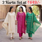 Pack of 3 Women’s Designer Kurta Sets – Ethnic Kurta Pant Dupatta Set for Women (P3K-13)